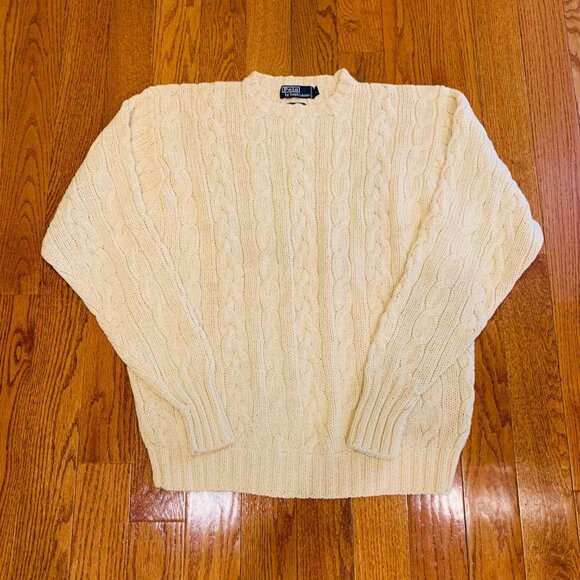 Vintage Polo Ralph Lauren Linen Blend Chunky Cable Knit Sweater Size Large Ivory - Picture 1 of 15